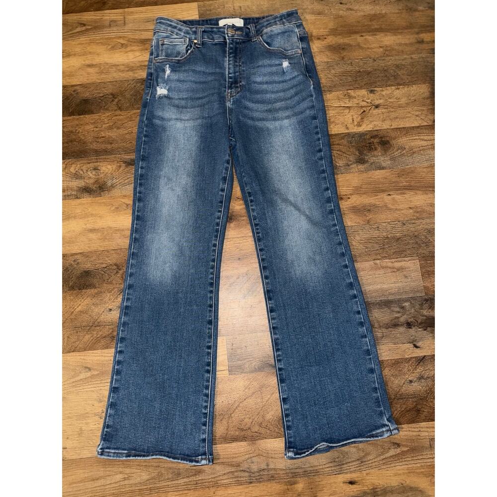 Risen women’s sweet & spicy distressed high kick flare blue jeans